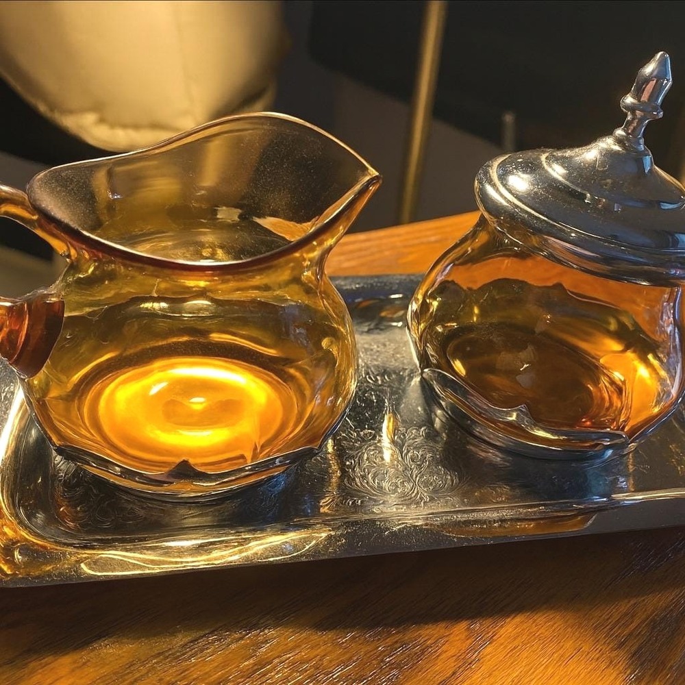 Vintage Farber Bros Krome-Kraft Amber Glass Creamer Sugar & Tray Chrome‎ Deco